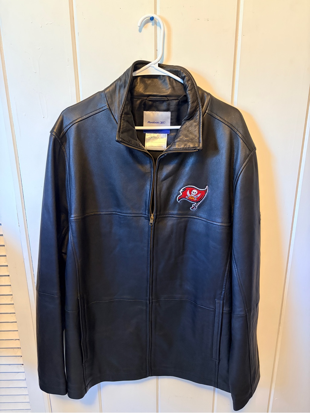 Reebok Black Leather Bomber Jacket With Red Patch